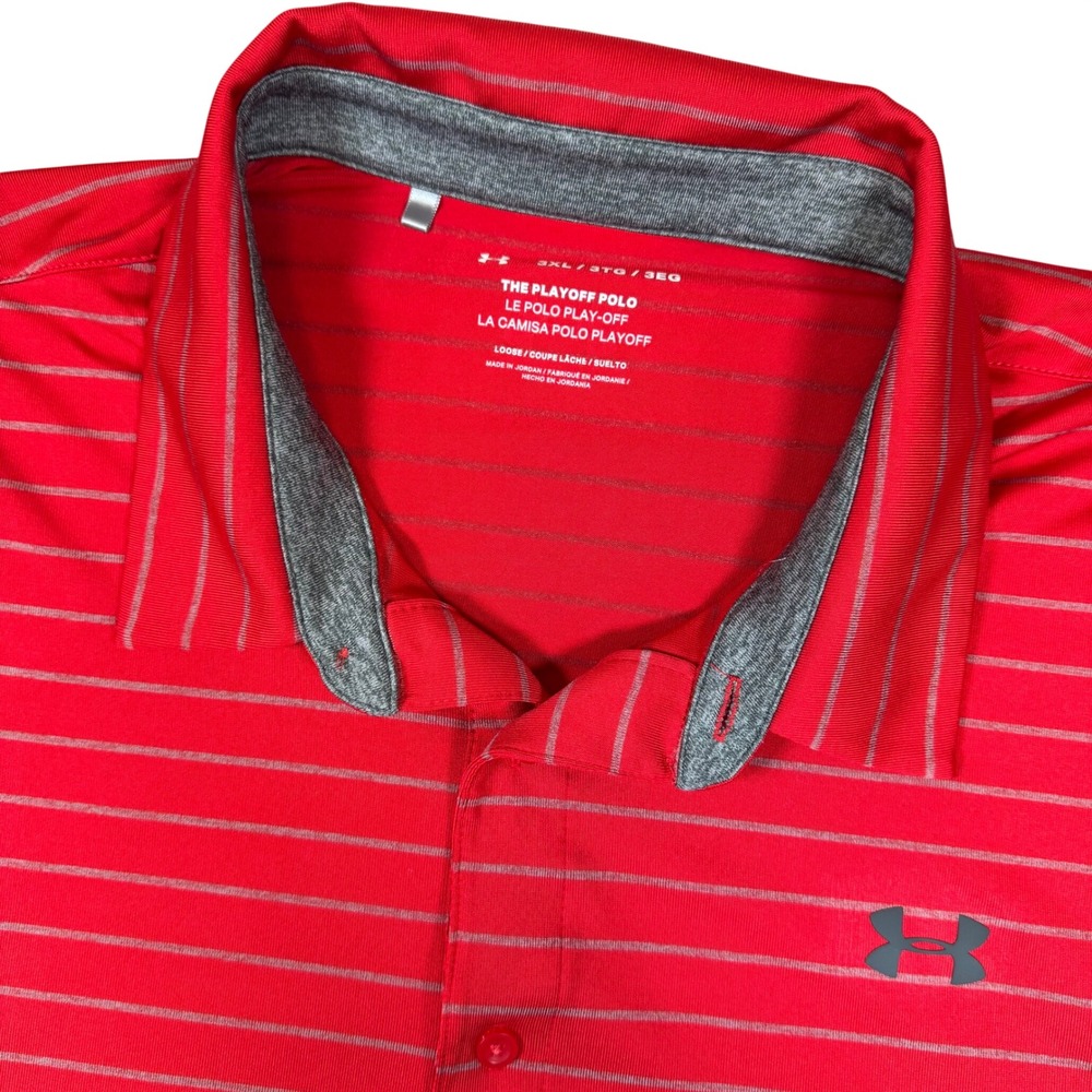 Under Armour Playoff Polo Shirt Red Gray Stripe Mens 3XL Loose Fit Golf Athletic